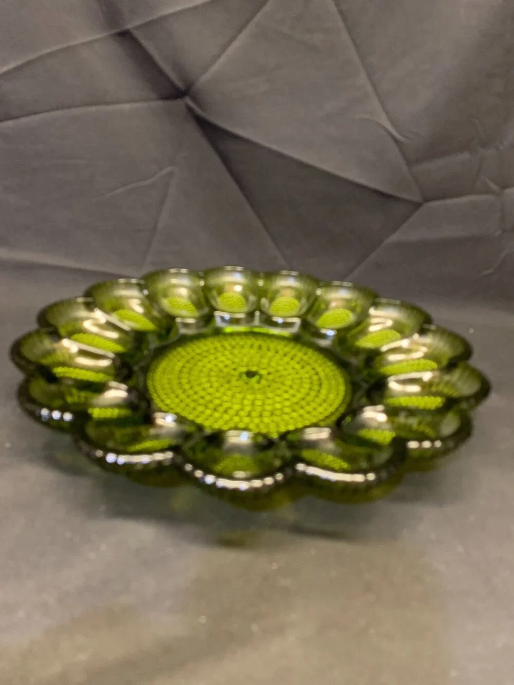 VTG Indiana Glass Olive Green Hobnail Deviled Egg Plate Hobnail Texture Patter